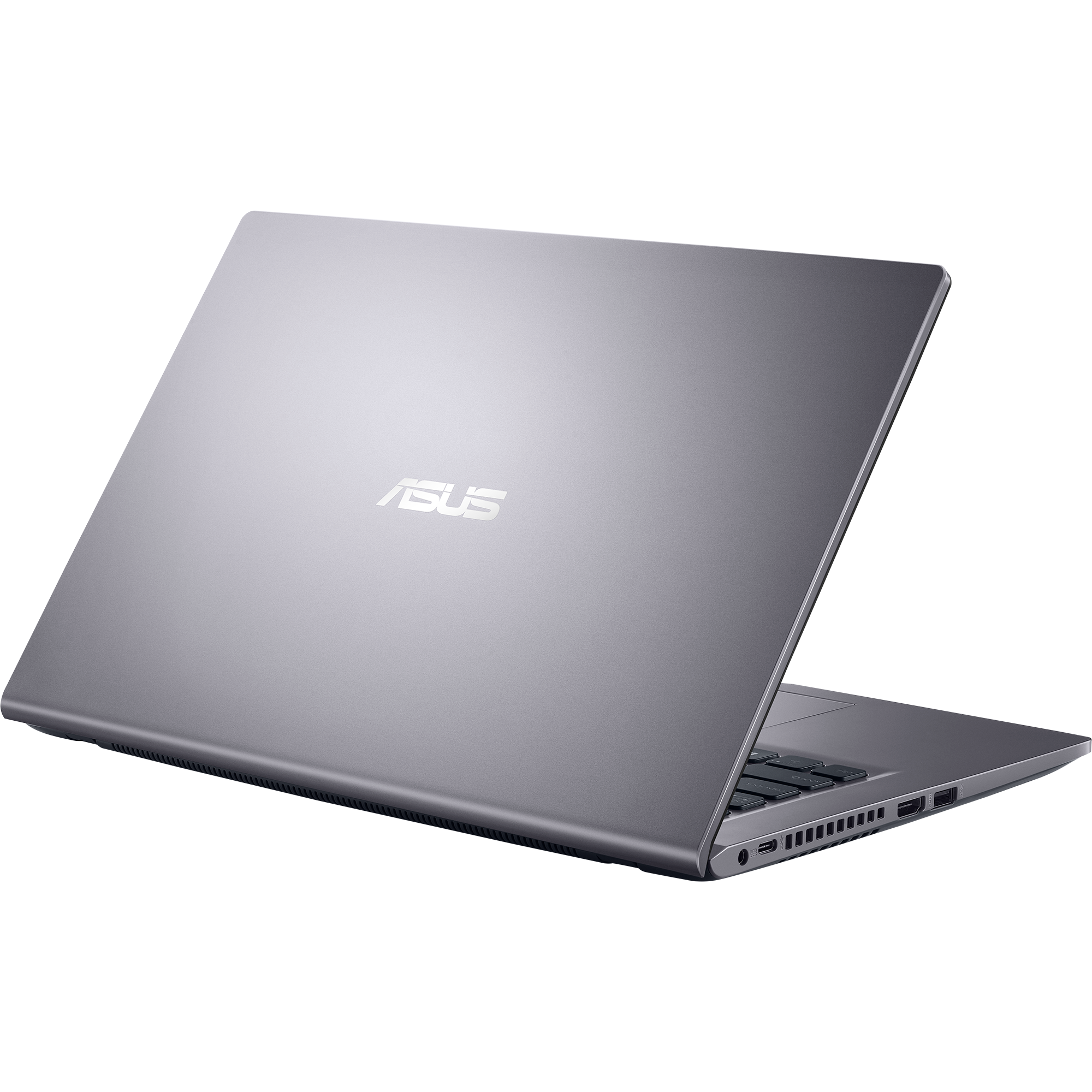 Siyah arka plan üzerinde gri ASUS dizüstü bilgisayar. ASUS logosu görünür durumda. Kapak hafif açık.