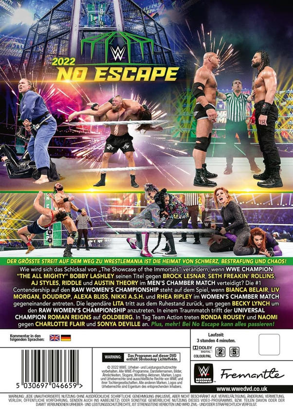 WWE No Escape 2022 Poster. Wrestler in Aktion, helles Licht. Text mit Wrestlern und Matches.