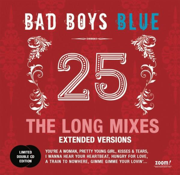 Albumcover mit "BAD BOYS BLUE 25" in Weiß auf Rot und einer Liste von Songs.