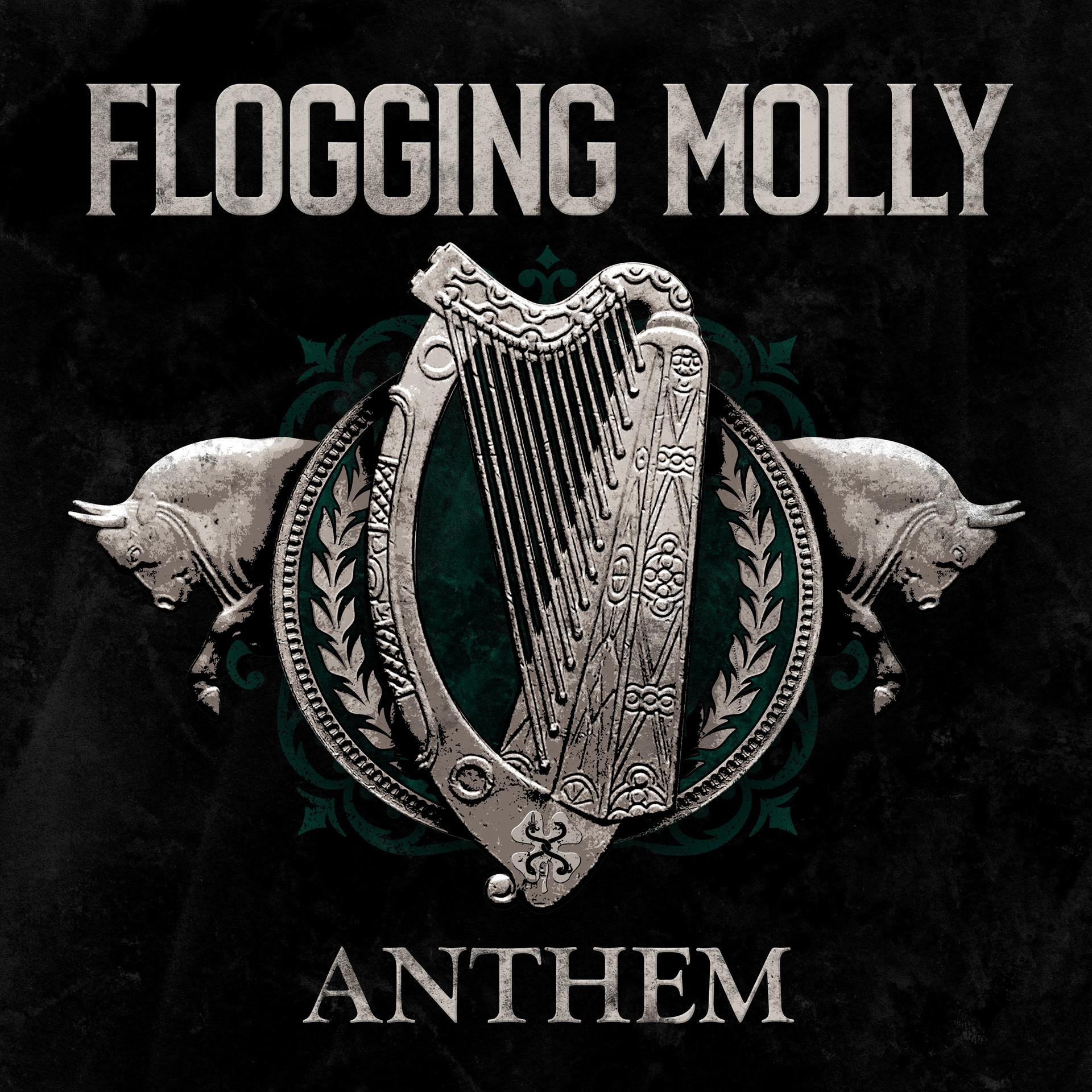 Pochette d'album : Flogging Molly, Anthem. Harpe au centre, flanquée de taureaux, fond vert foncé.