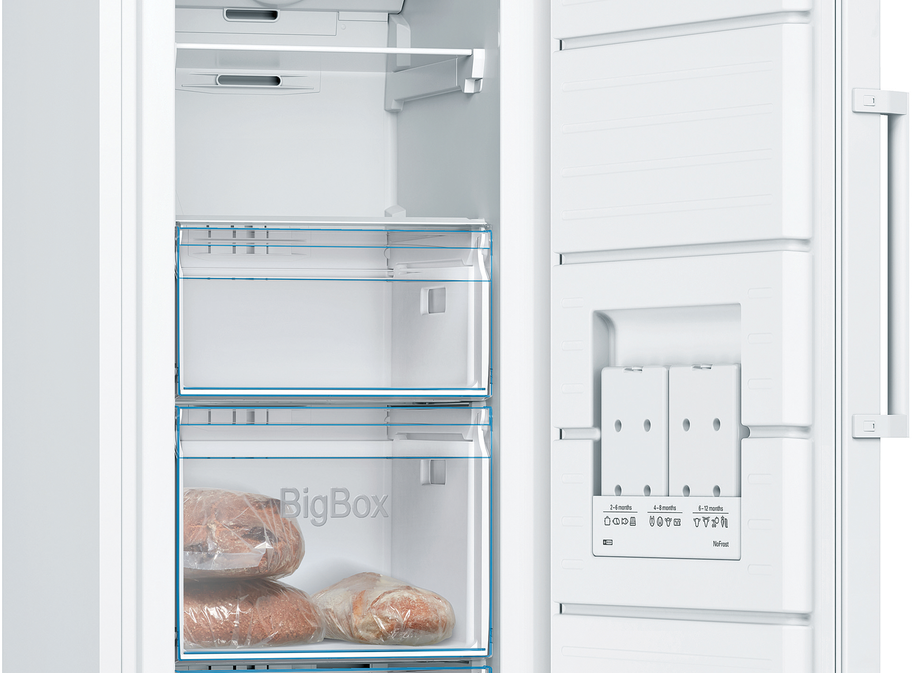 Inside of a white freezer with shelves and drawers.