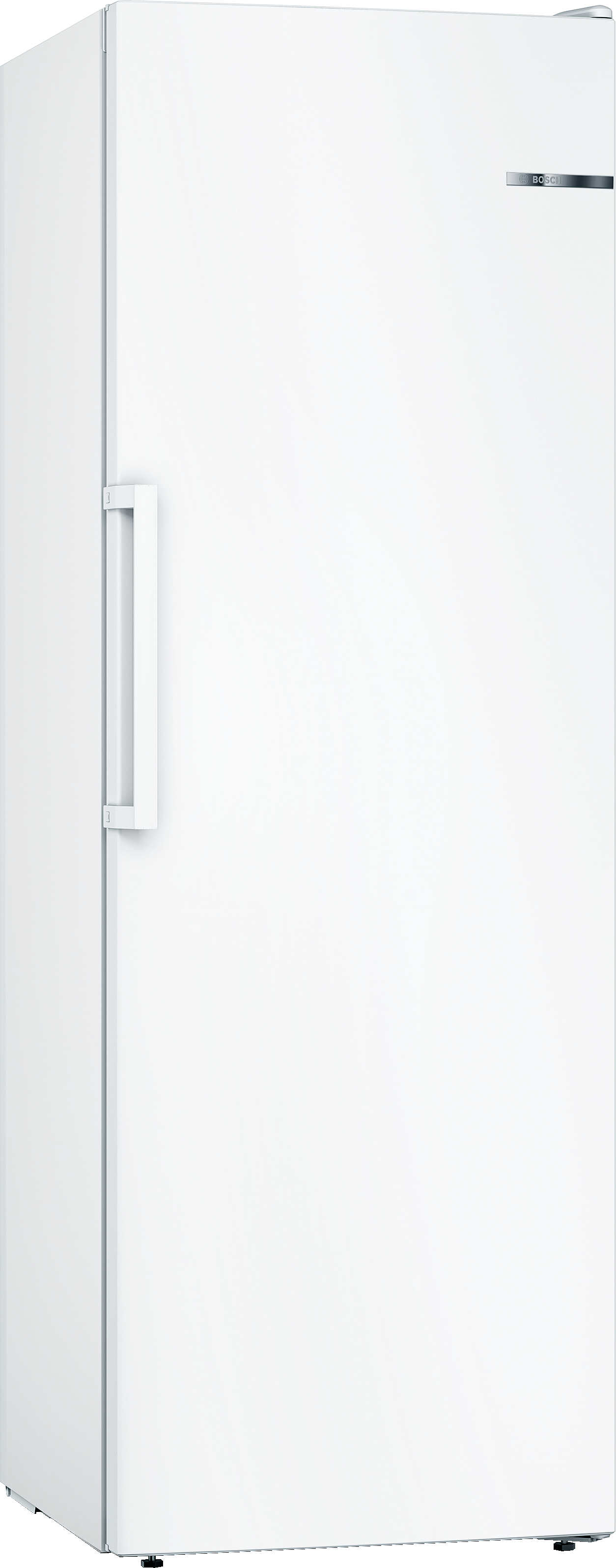 Een witte Bosch koelkast. Het is een hoog apparaat met een handvat en een Bosch logo op de deur.