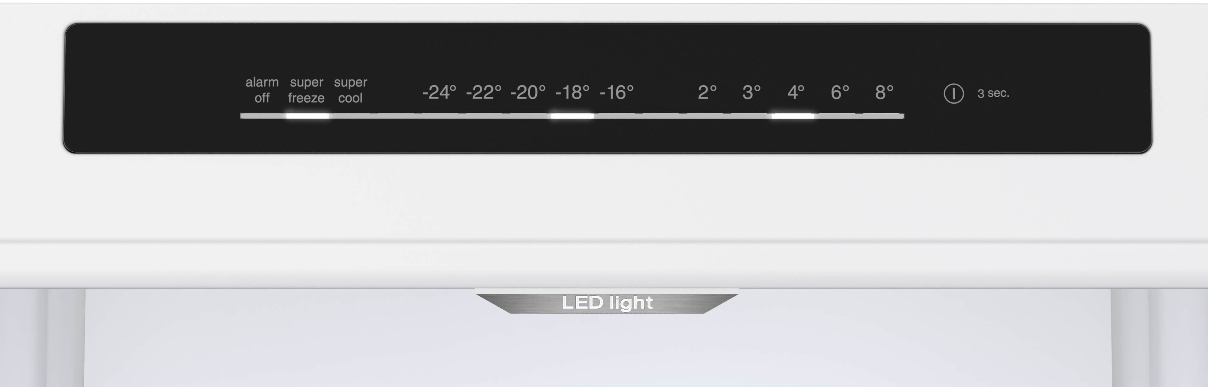 Koelkast bedieningspaneel met temperatuurinstellingen van -24°C tot 8°C, display en LED-licht.