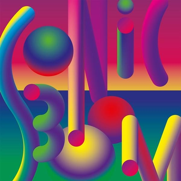 Abstrakte Kunst. Bunte 3D-Formen und Text in verschiedenen Farben mit einem Farbverlauf.