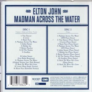 Achterkant van Elton John's 'Madman Across the Water' CD. Tracklijsten en albumdetails zichtbaar.