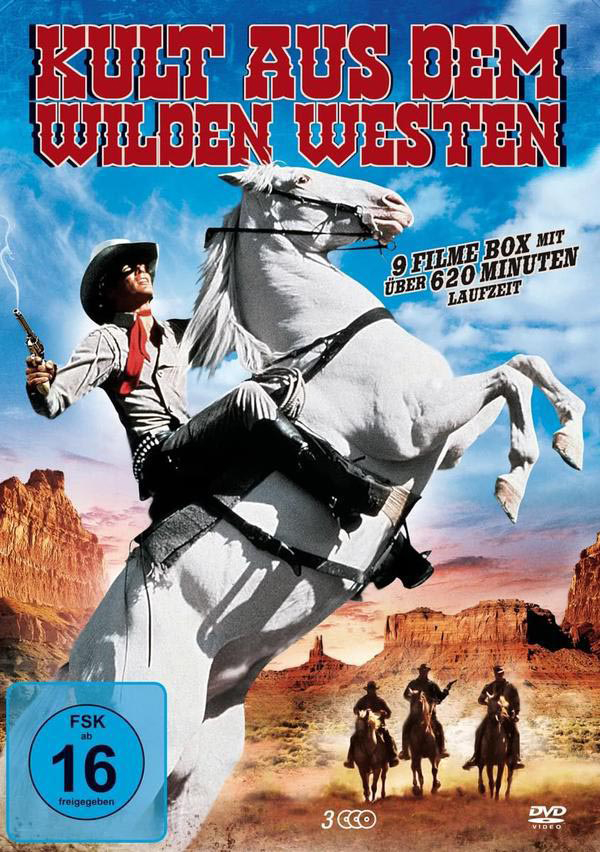 DVD-Cover: Cowboy auf einem weißen Pferd, Titel: Kult aus dem Wilden Westen.