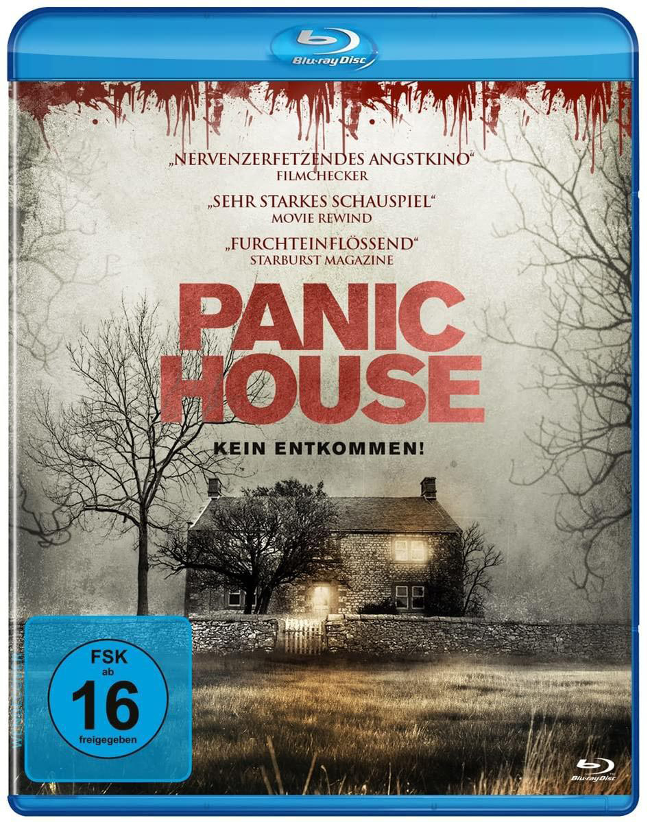 Blu-ray-Disc des Films 'Panic House'. Cover zeigt ein Haus, Bäume und einen dunklen, unheilvollen Himmel.