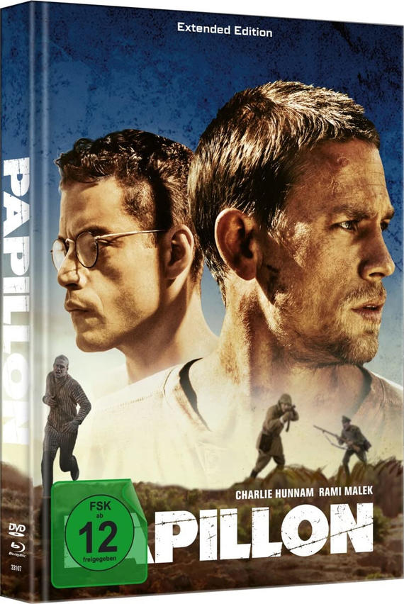 Die DVD-Hülle von 'Papillon' zeigt zwei Männer, einer mit Brille, auf blau-gelbem Hintergrund.