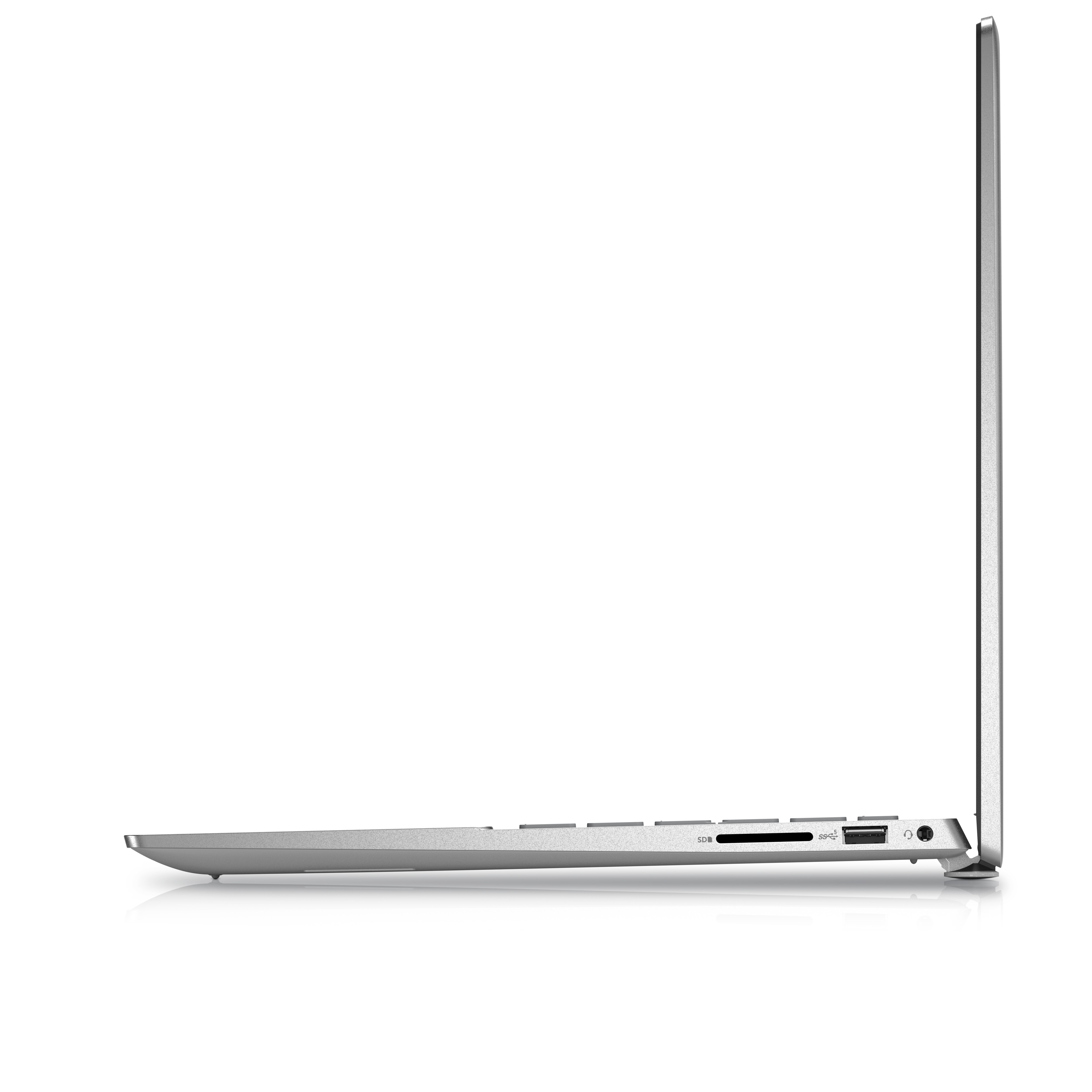 Seitenansicht eines silbernen Laptops auf weißem Hintergrund.