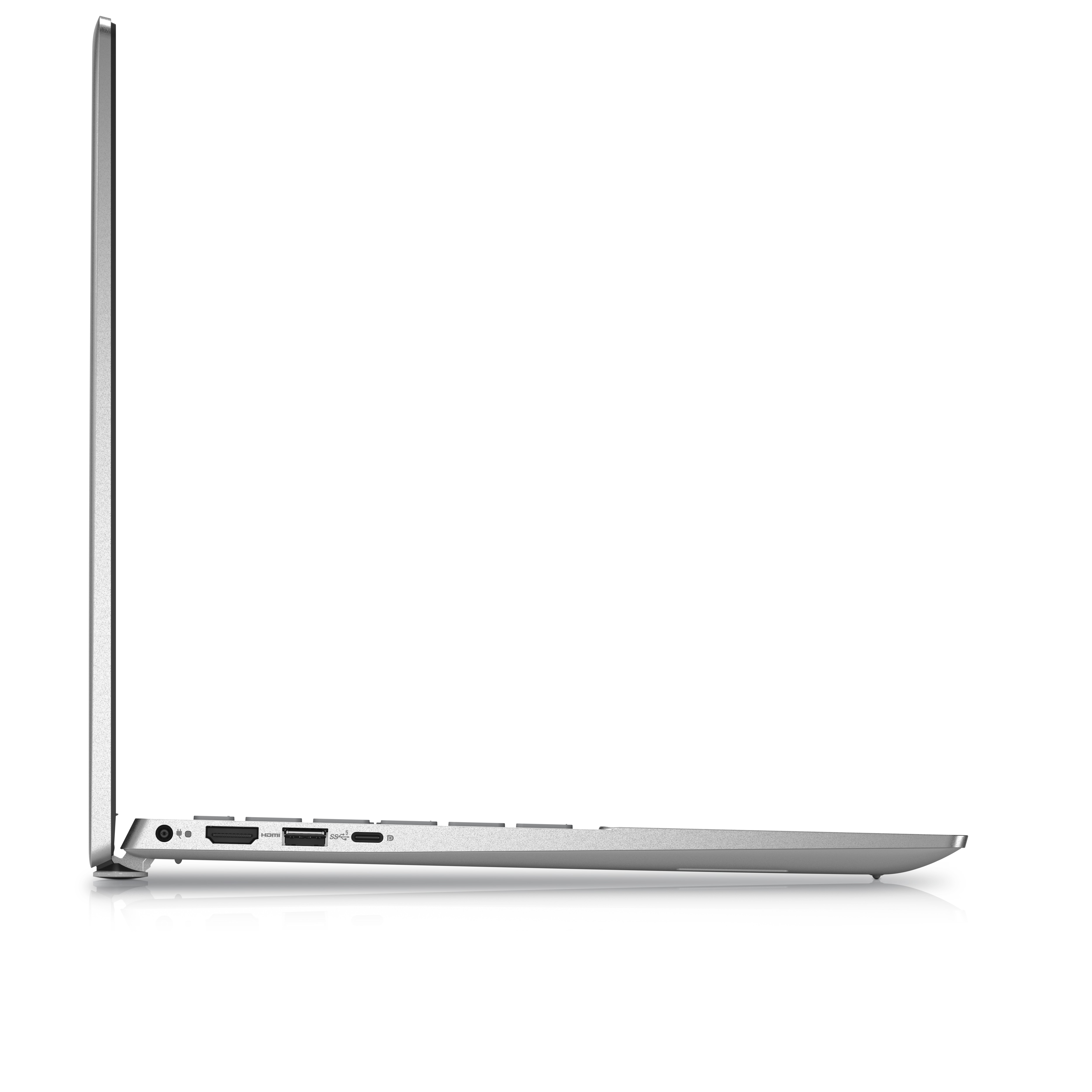 Ein silberner Laptop, Seitenansicht, zeigt den Bildschirm, die Tastatur und die Anschlüsse am Rand.