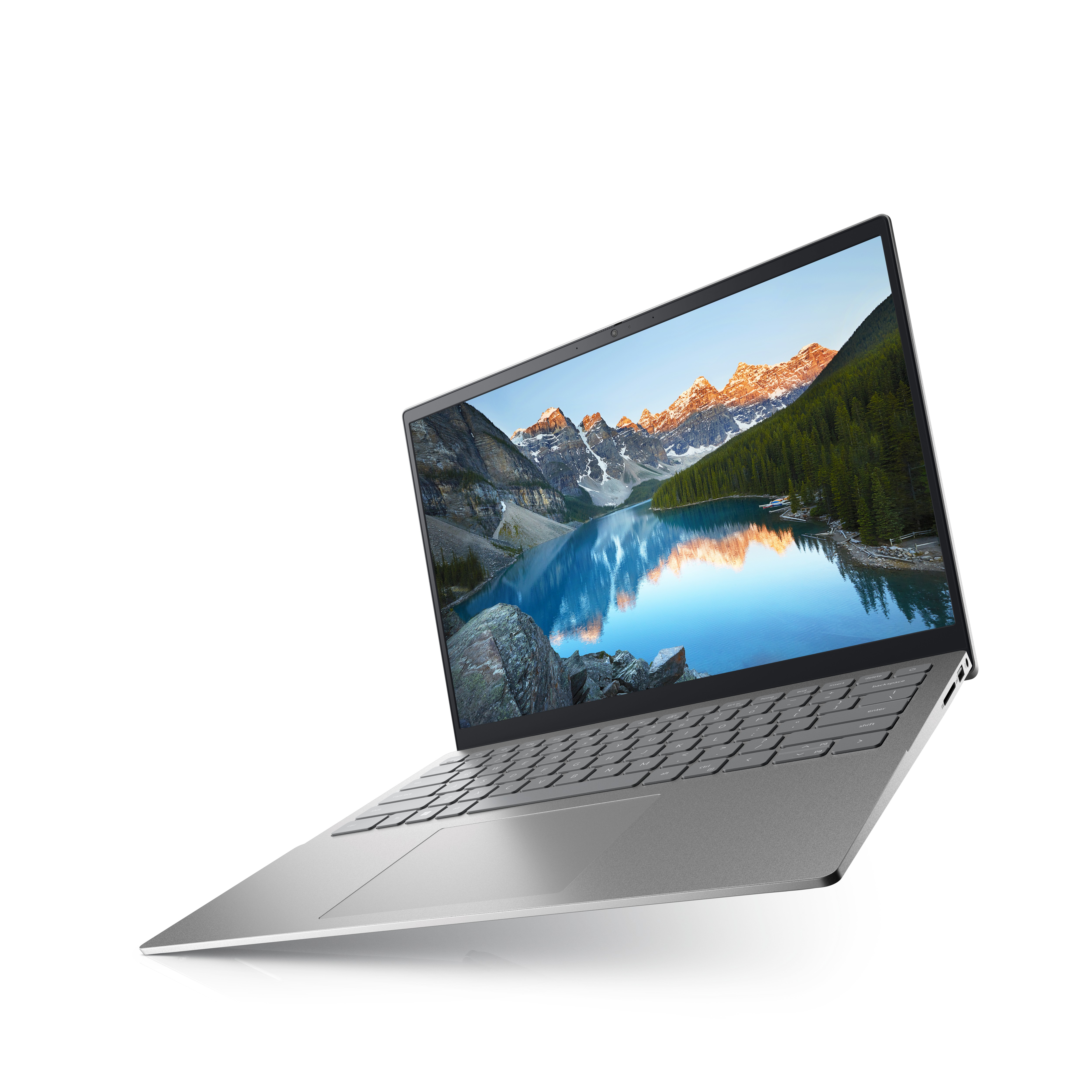 Silberner Laptop in einem Winkel, zeigt eine Bergsee-Szene, weißer Hintergrund.