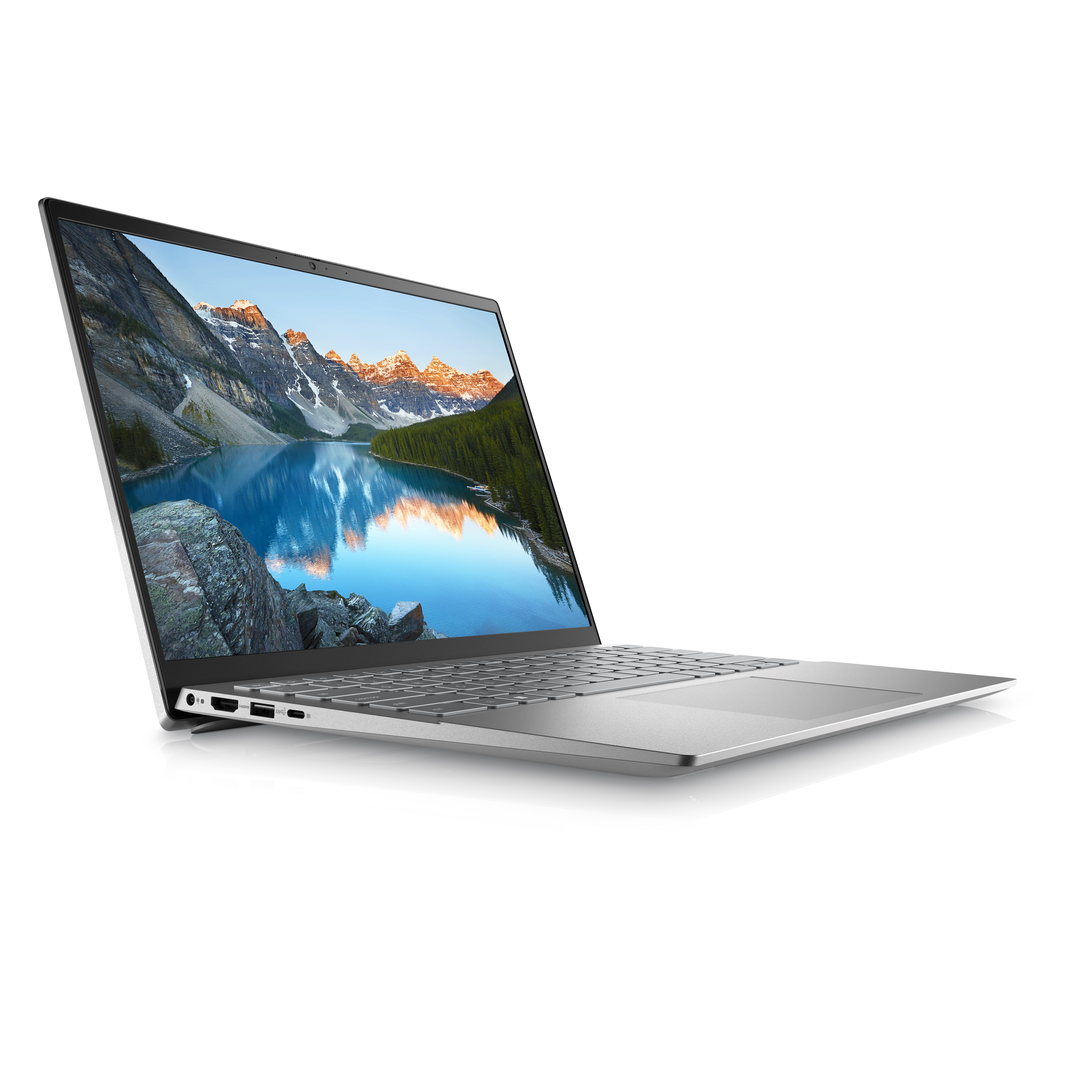 Silberner Laptop offen. Zeigt eine Seeszene mit Bergen im Hintergrund.