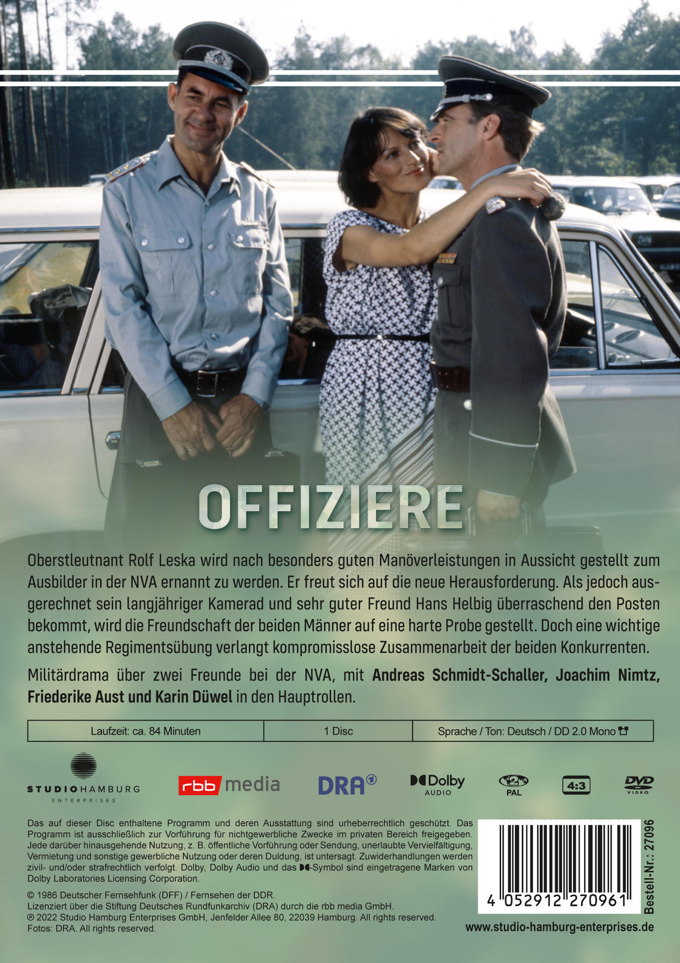 DVD-Hülle mit Text und Bildern von Personen in Militäruniformen und einem Auto. Rückseite der Hülle.