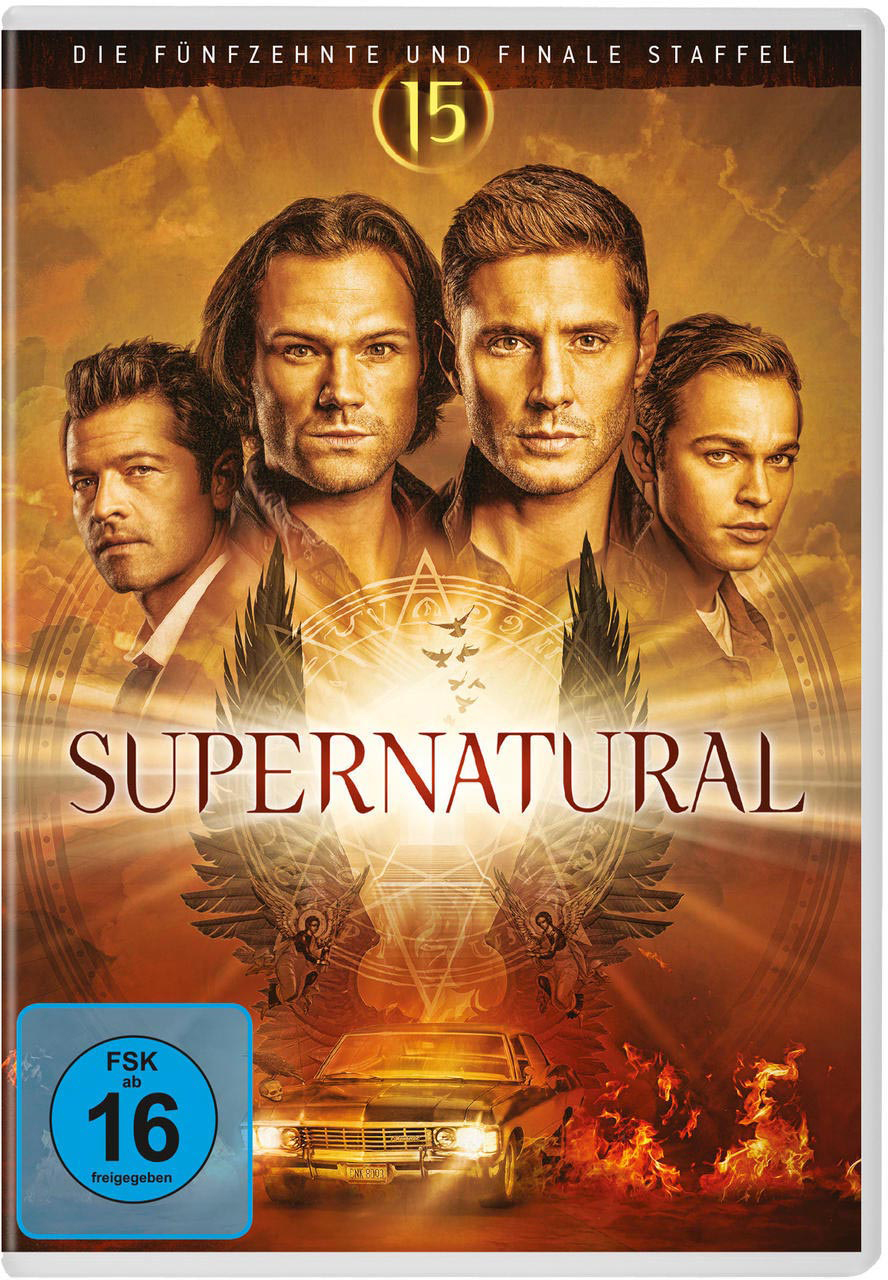 DVD-Cover von Supernatural, mit vier Schauspielern und einem brennenden Auto.