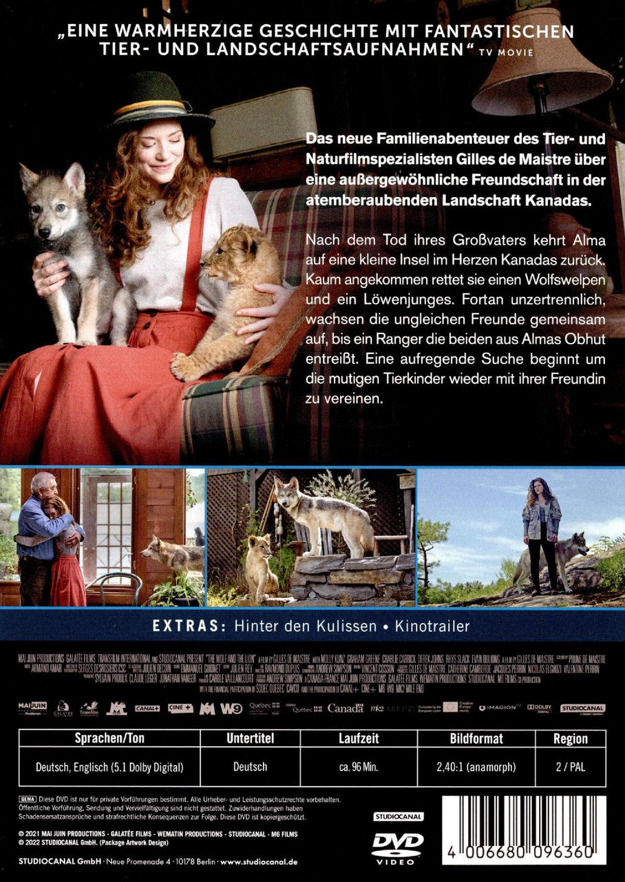 DVD-Cover eines Films, Frau mit Wölfen und Löwenbabys, Text auf Deutsch, kanadische Landschaft.