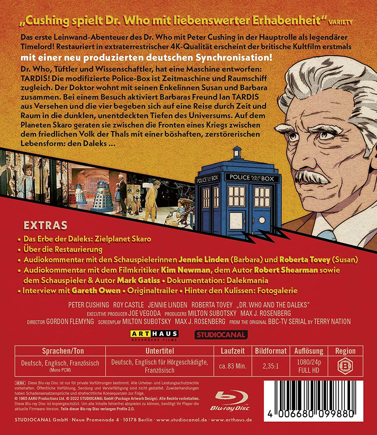 Blu-ray DVD-Cover mit Text und einer Zeichnung eines Mannes und einer Polizeibox.