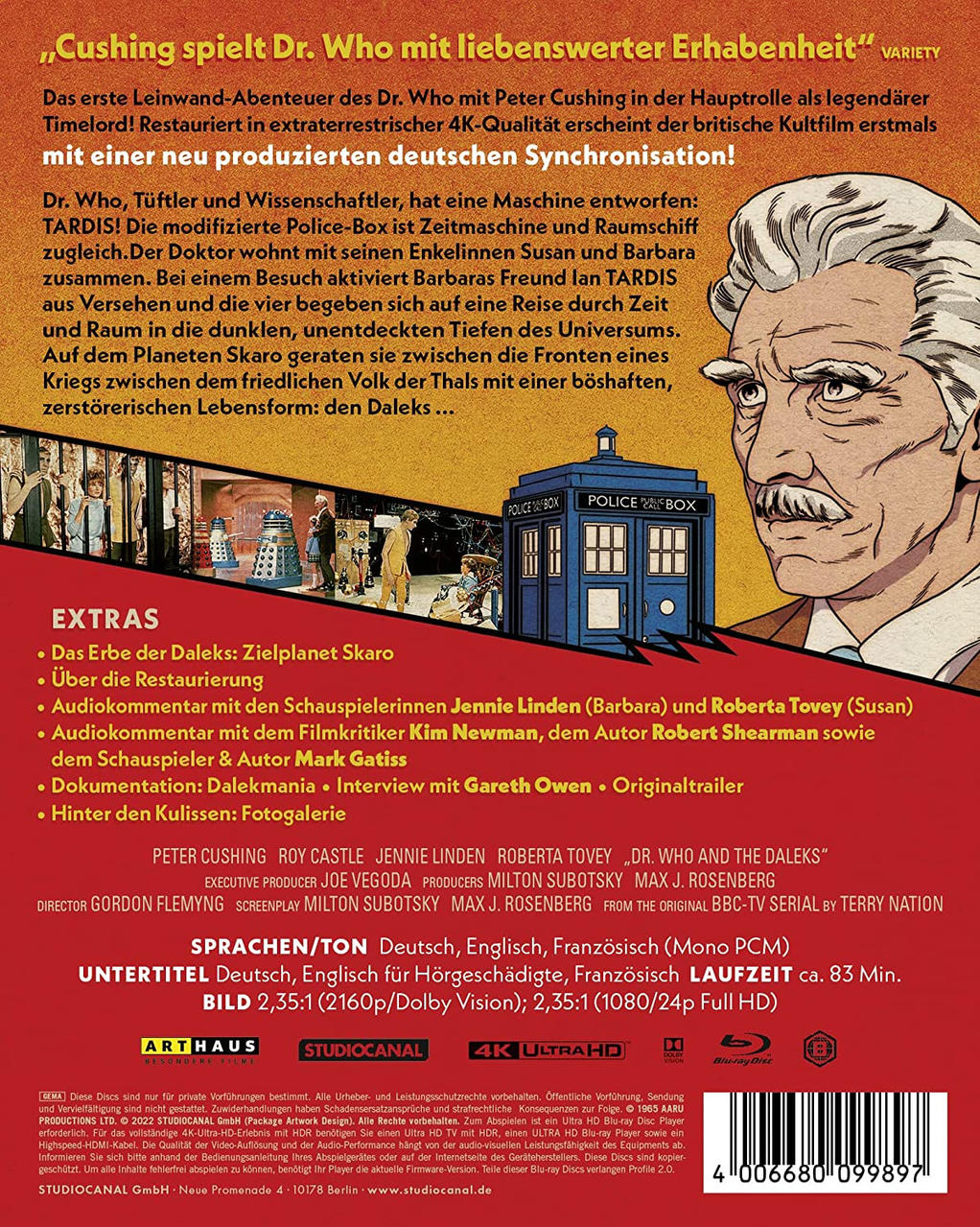 DVD-Cover des Films "Doctor Who and the Daleks". Mit Peter Cushing und der TARDIS.