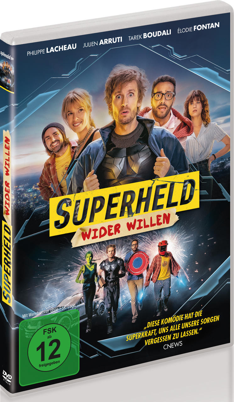 DVD-Cover: 'Superheld Wider Willen'. Gruppe von Leuten in Kostümen. Weißer Hintergrund.