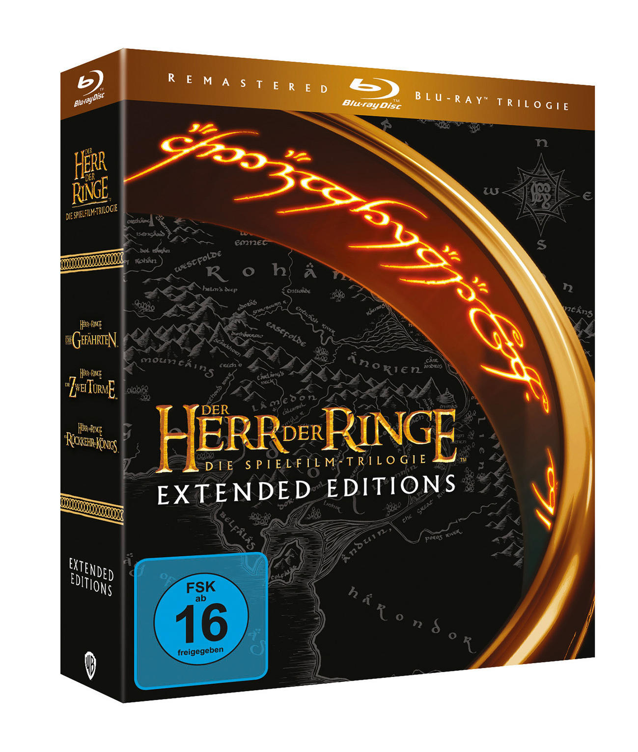 Herr der Ringe Trilogie Blu-ray Boxset mit goldenem Text und Ringdesign auf schwarzem Hintergrund.