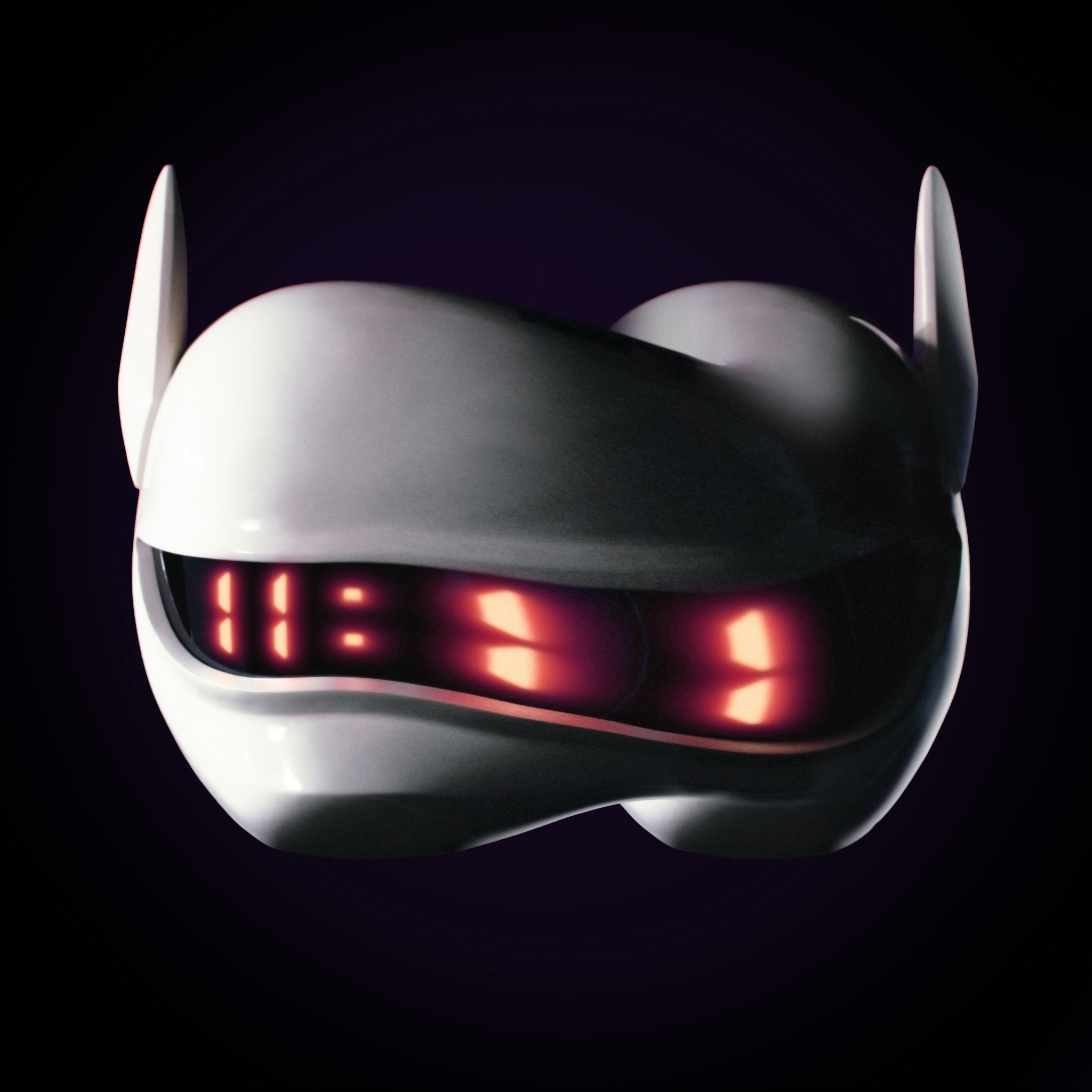Ein weißer, futuristischer Helm mit leuchtenden roten Ziffern auf schwarzem Hintergrund. Der Helm hat Ohren.