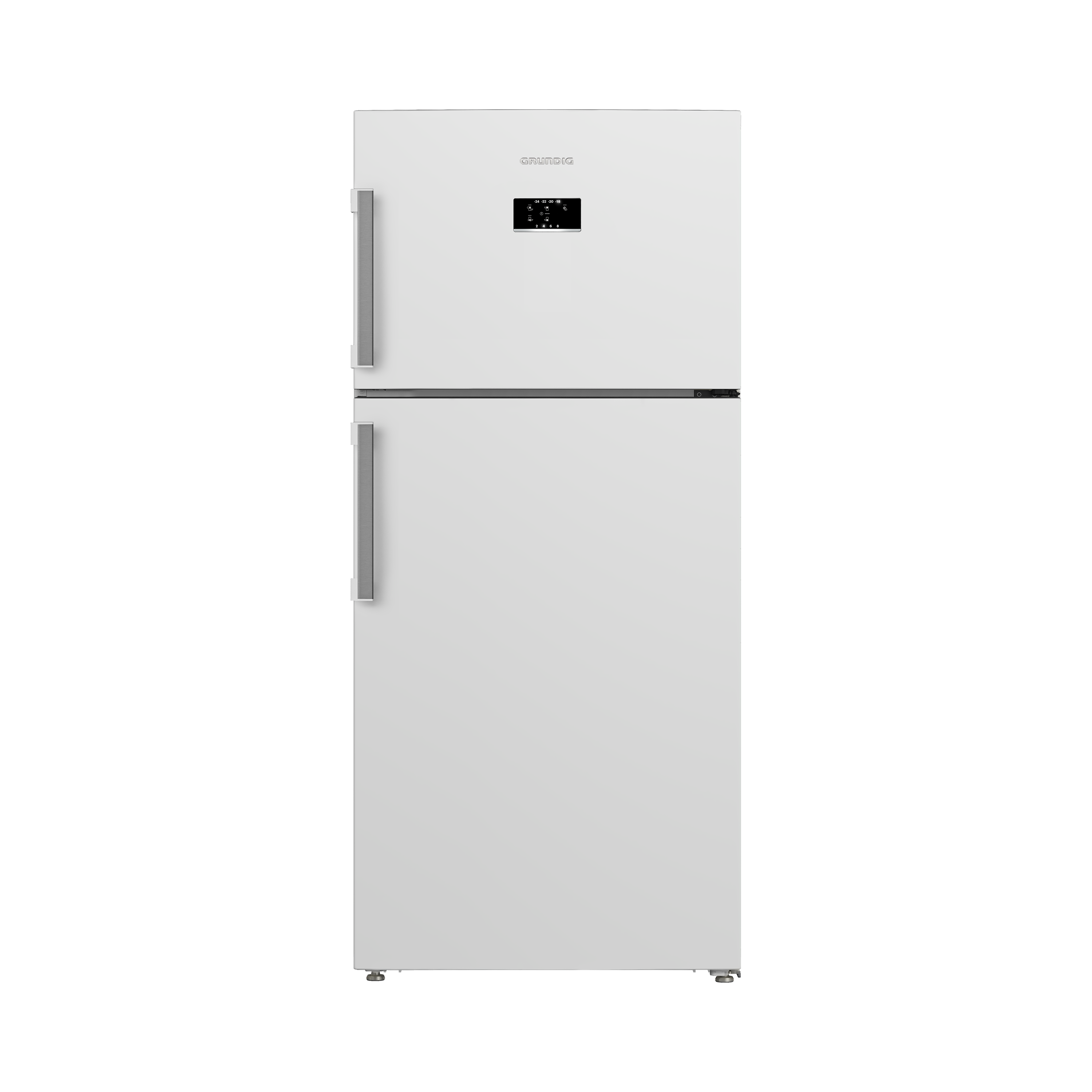 İki kapılı beyaz Grundig buzdolabı. Gümüş kulplar, siyah arka plan.