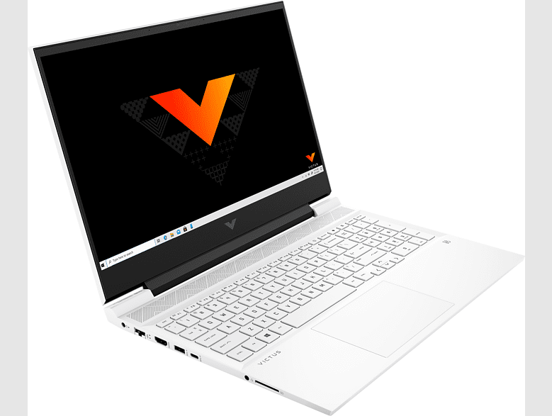 Laptop blanco con pantalla negra que muestra un logotipo.