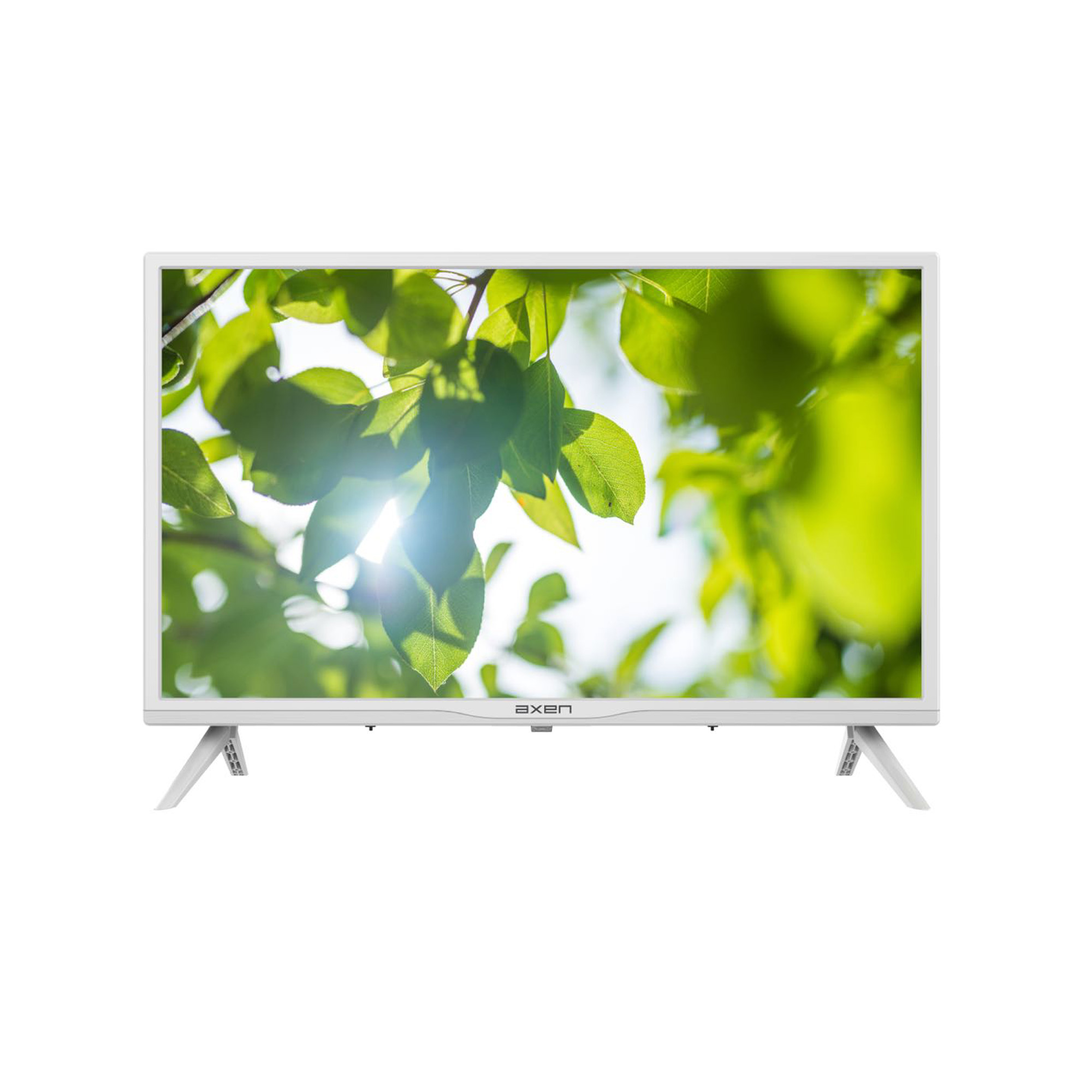 Yeşil yaprakların bulanık bir arka planını gösteren beyaz bir Axen TV.