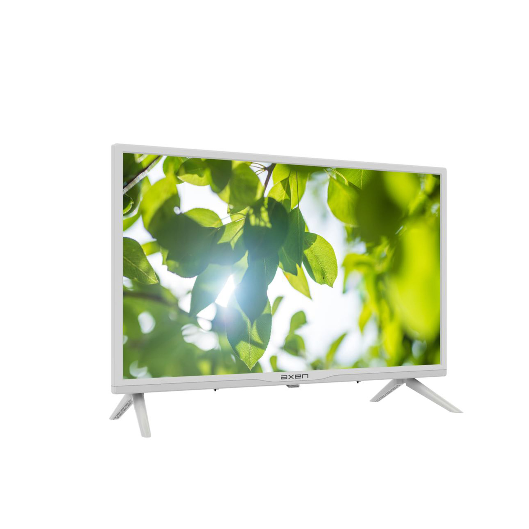 Güneş ışığıyla yeşil yapraklar gösteren beyaz çerçeveli TV.