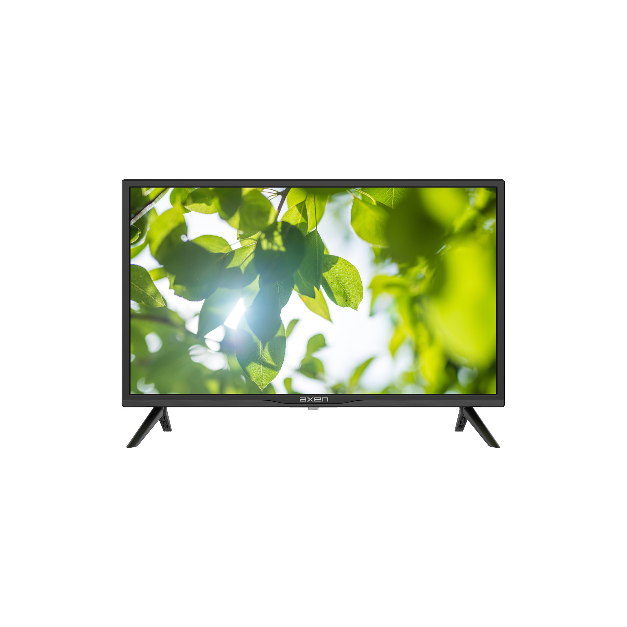 Ayakta duran TV. Ekran parlak ışığa karşı yeşil yapraklar gösteriyor. Marka adı görünür.