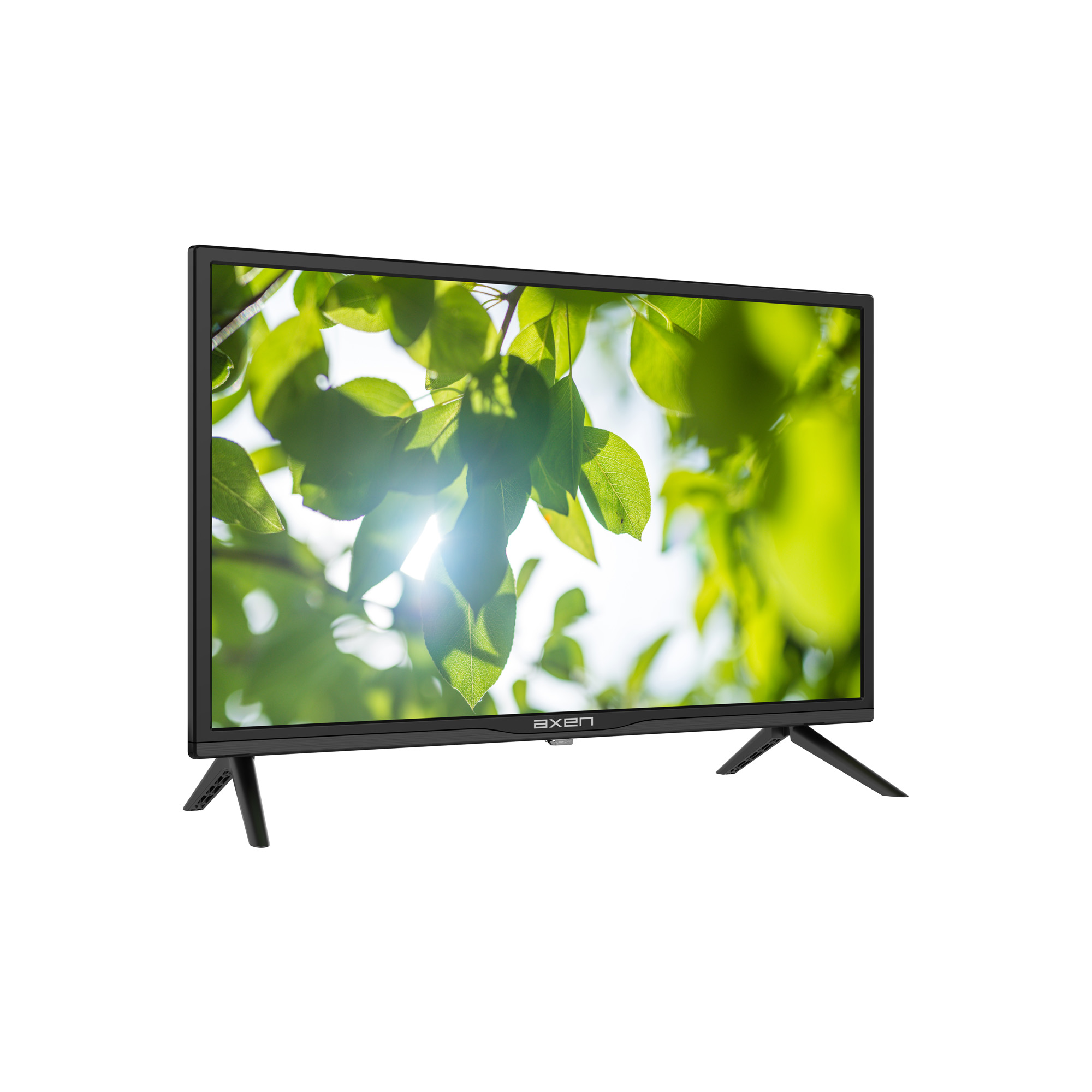 Siyah bir Axen TV. Ekranda güneş ışığıyla birlikte yeşil yapraklar görülüyor.