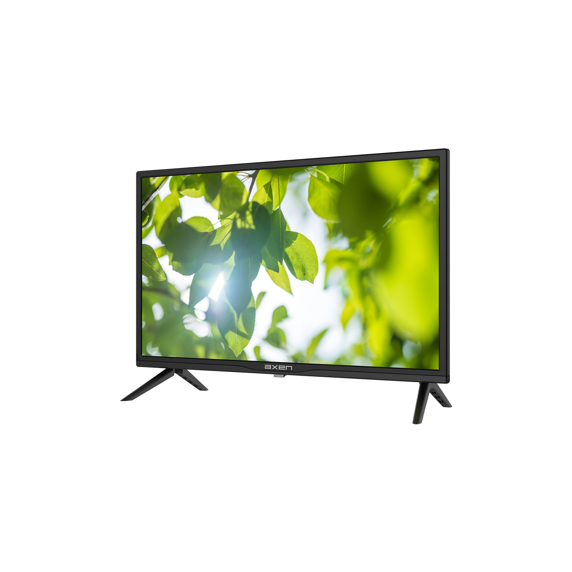 Arka planda yeşil yapraklar ve yaprakların arasından parlayan güneş ile siyah bir Axen TV.