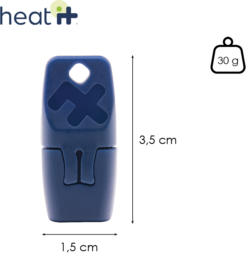 Objet en plastique bleu foncé avec un trou, un design en forme de croix et des étiquettes de taille.