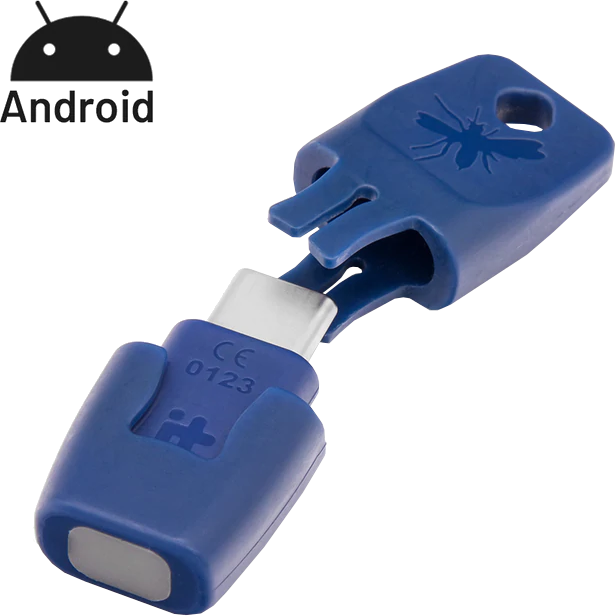 Un adaptateur USB-C Android bleu avec un logo de moustique.