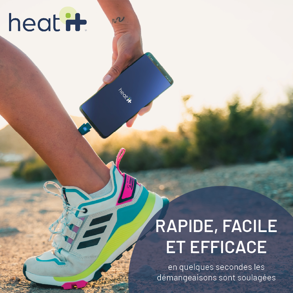 Une personne tenant un téléphone contre sa jambe, relié par un câble bleu. Le texte dit 'RAPIDE, FACILE ET EFFICACE'.