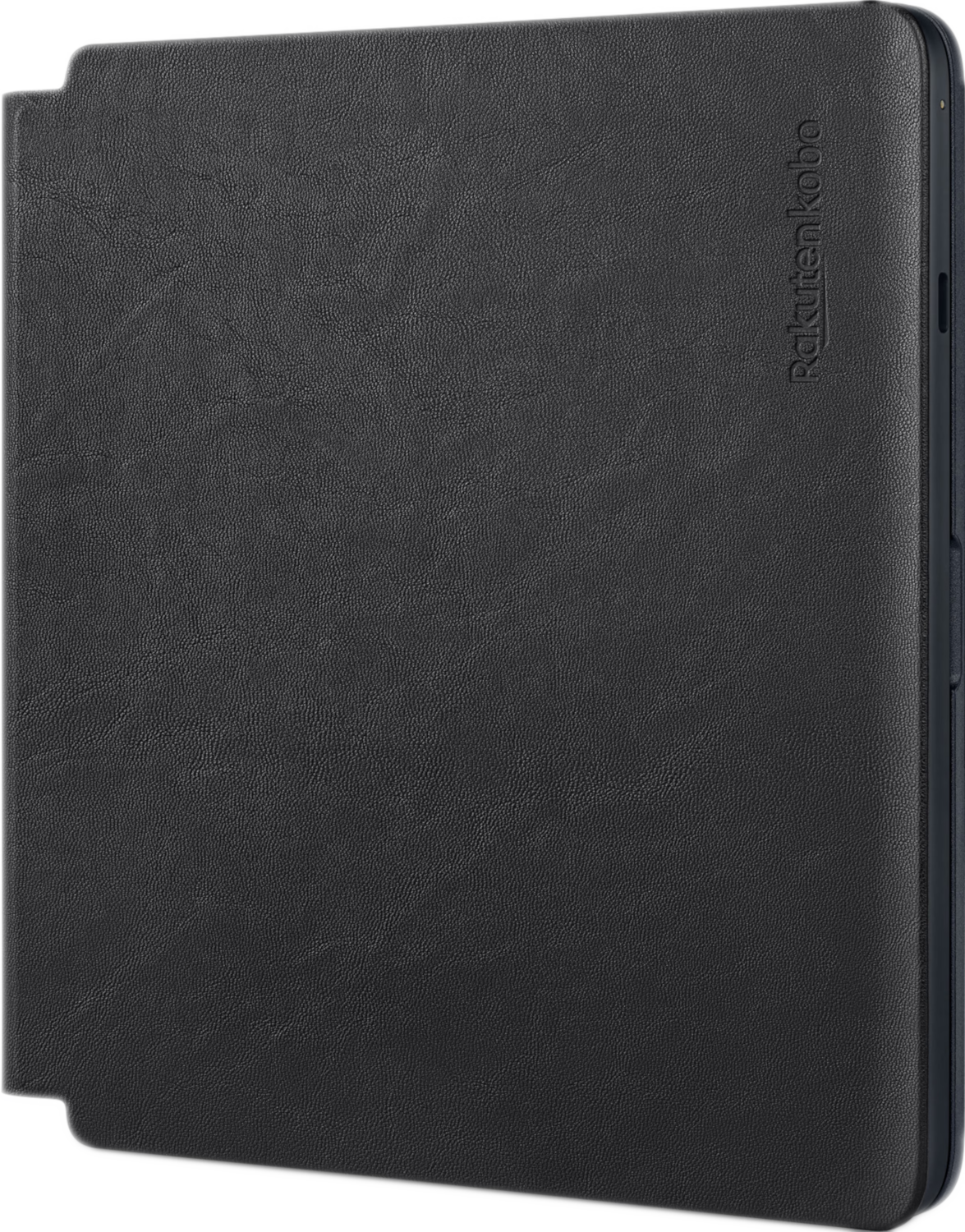 Zwarte Kobo e-reader in een zwarte leren hoes. De achtergrond is wit.