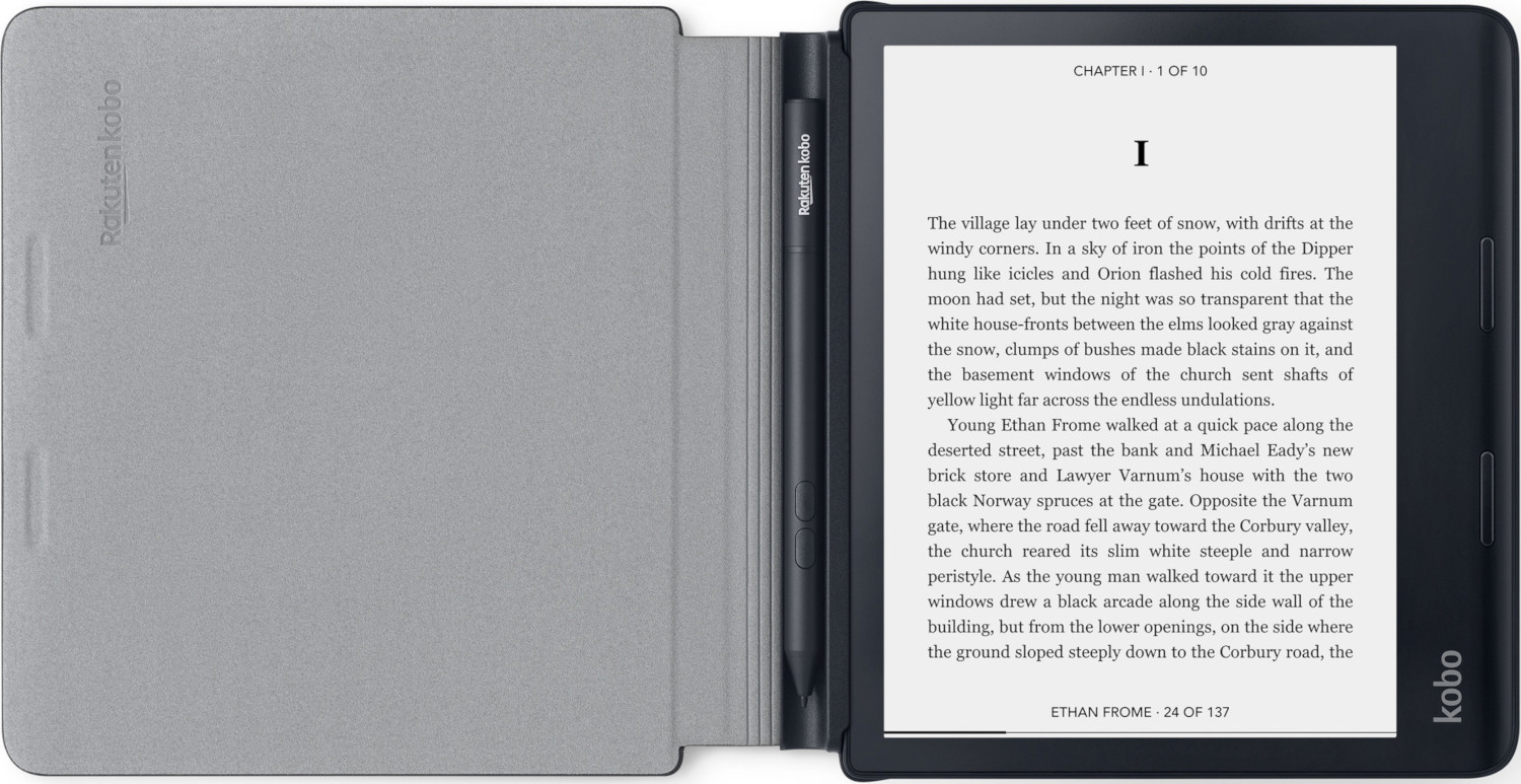 Een open e-reader met tekst weergegeven en een stylus op de open cover.
