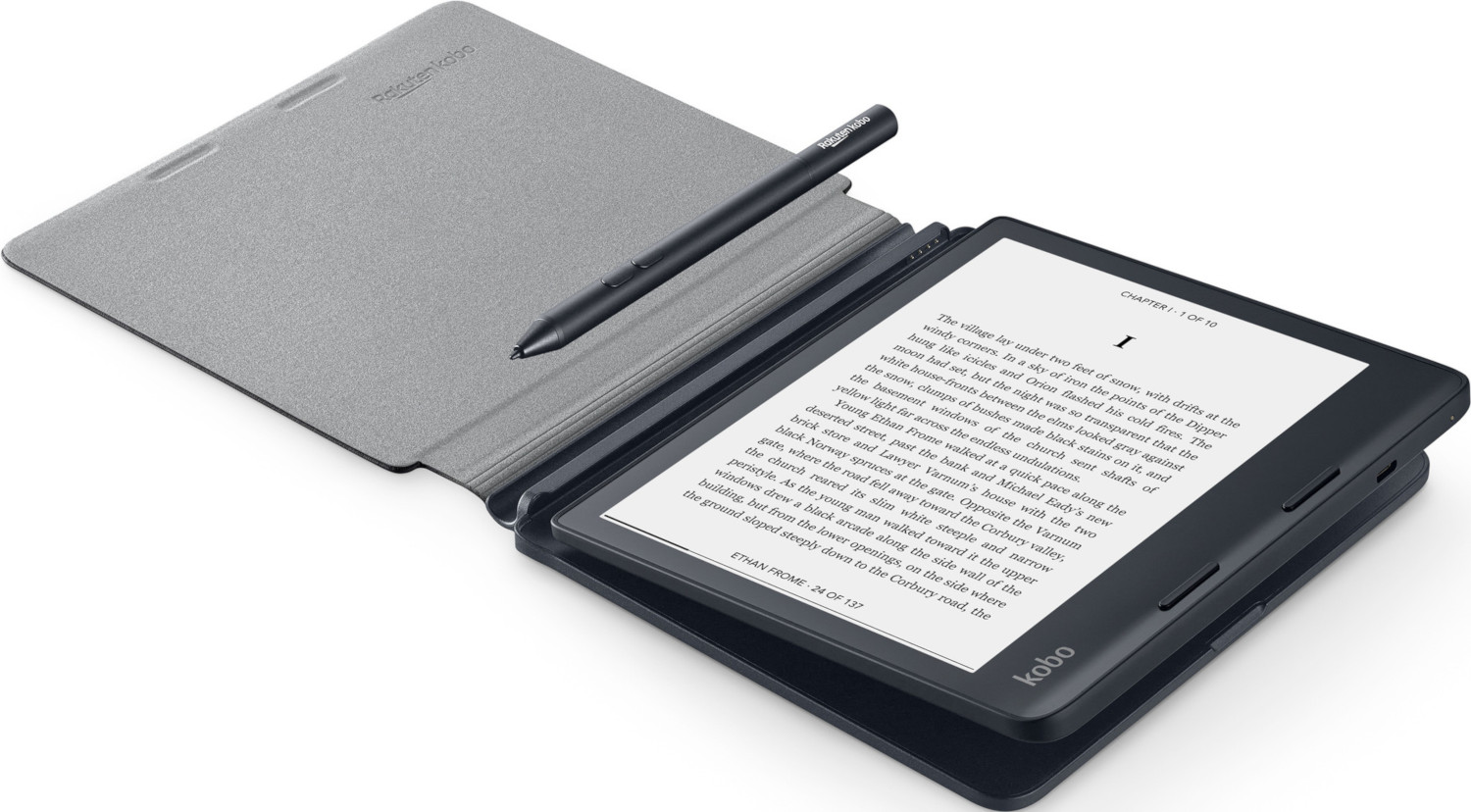 Een Kobo e-reader, open met een stylus, tekst weergevend. Grijze hoes.