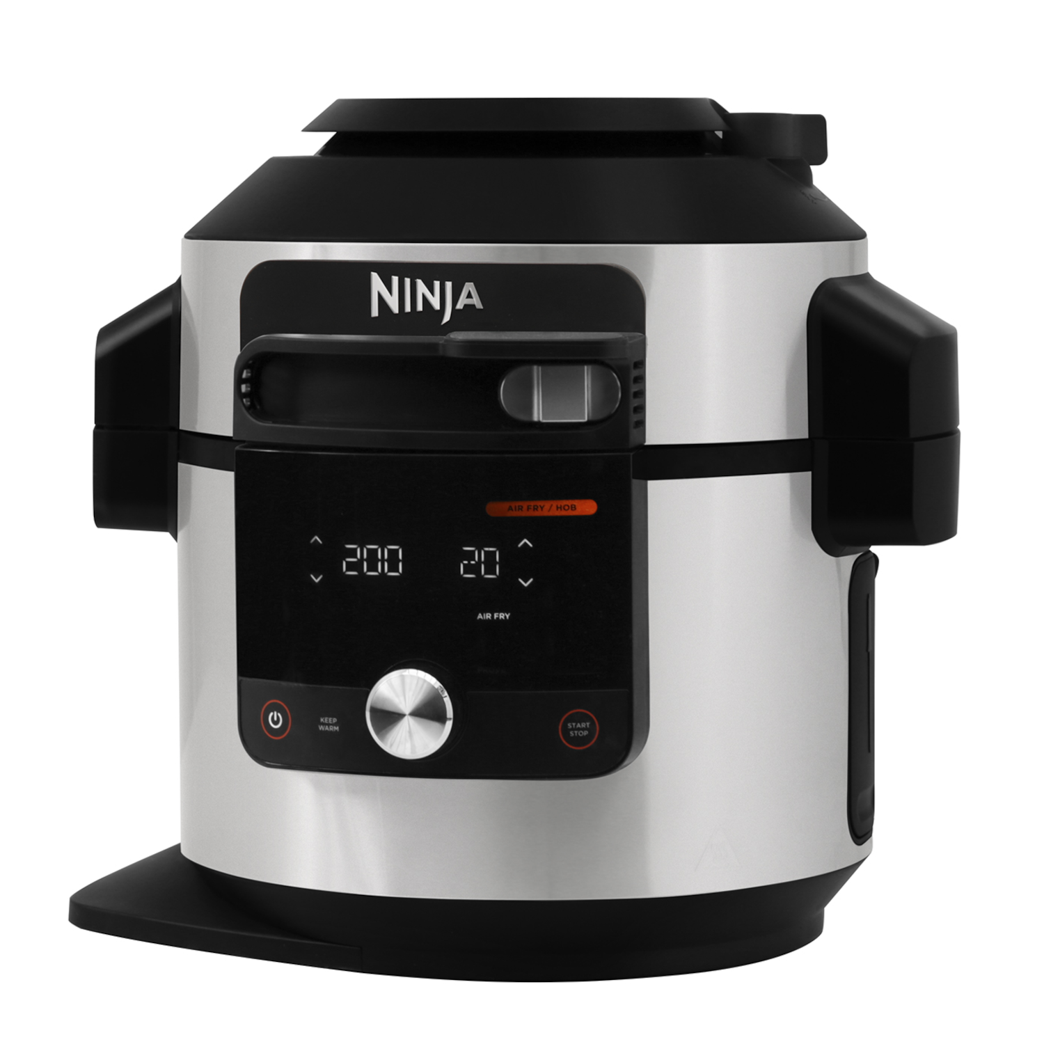 Een zilverzwarte Ninja airfryer, met een digitaal display en bedieningspaneel.