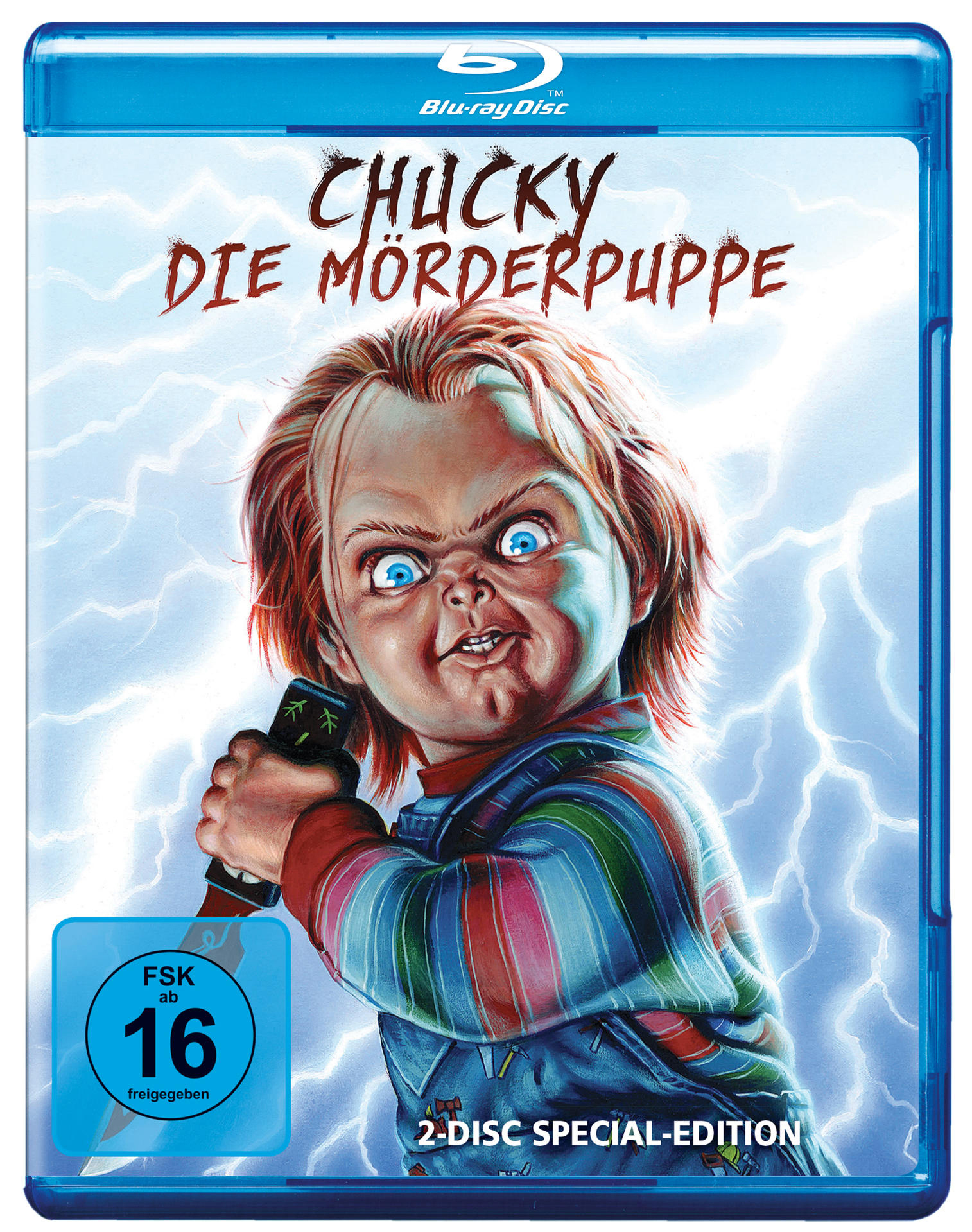 Blu-ray-Cover: Chucky, die Mörderpuppe, hält ein Messer vor einem Blitzhintergrund.