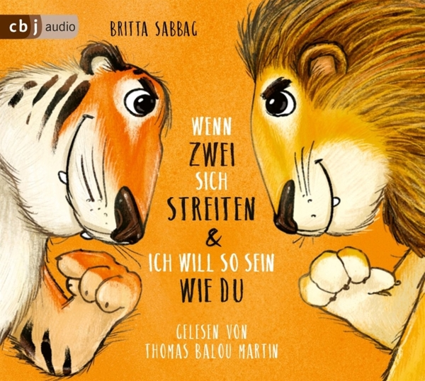Cover-Art für ein Kinderbuch mit Tiger und Löwen, die sich gegenüberstehen, im Cartoon-Stil.