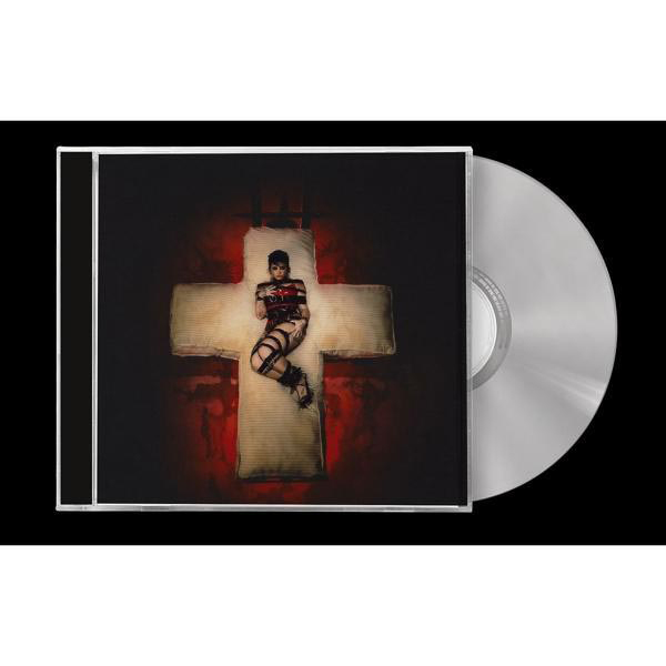 CD-Cover: Eine Frau in roter und schwarzer Kleidung auf einem Kreuz, mit einer silbernen CD rechts.
