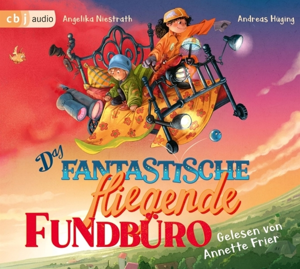 Ein buntes Buchcover mit zwei Kindern auf einem fliegenden Fahrzeug.