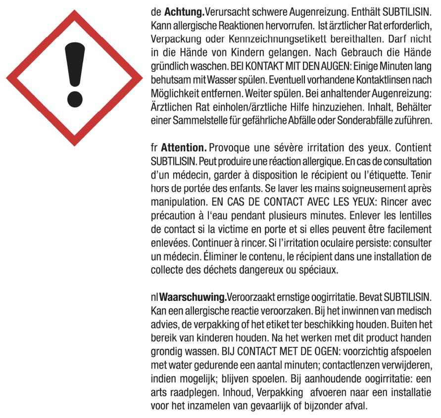 Warntext auf Deutsch und Französisch über Augenreizung durch Substanz, mit Gefahrensymbol.