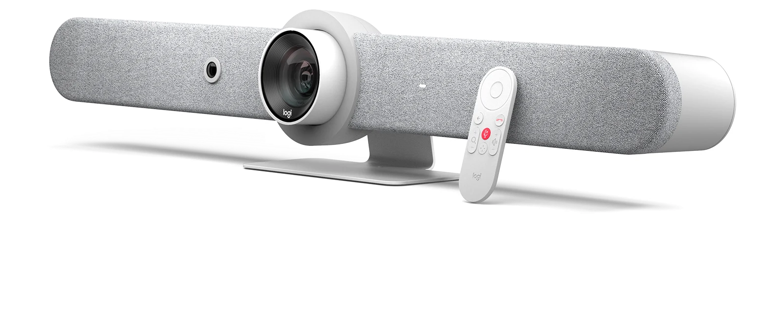 Eine weiße Videokonferenzleiste mit Kamera und Fernbedienung. Das Logitech-Logo ist sichtbar.