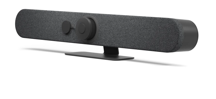 Dunkelgraue Soundbar auf einem schwarzen Ständer, mit zwei Bedienelementen. Weißer Hintergrund.