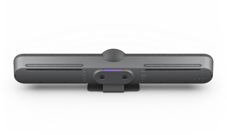 Rückansicht einer grauen Soundbar mit verschiedenen Anschlüssen und Verbindungen.