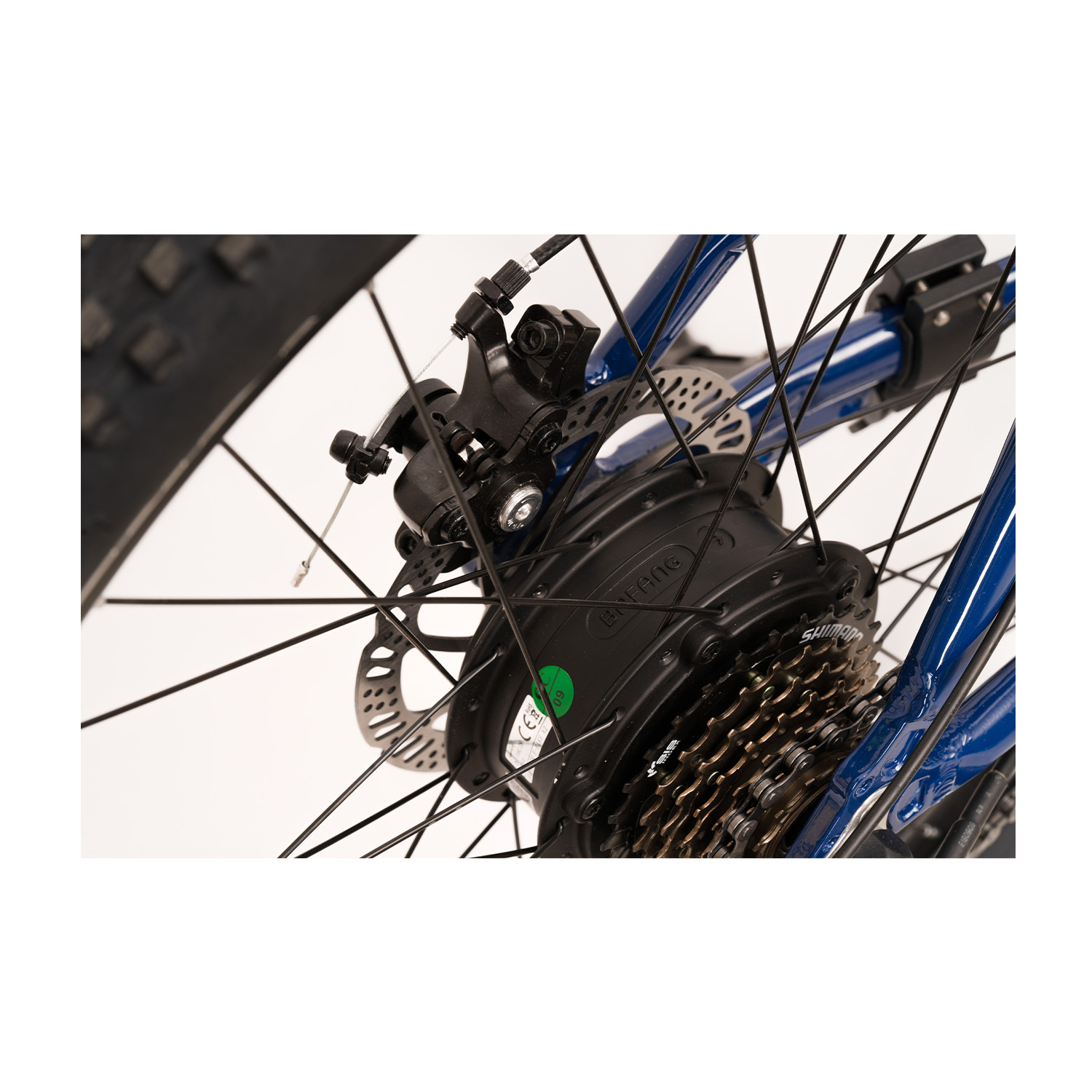 Primo piano della ruota della bici, freno a disco e meccanismo del cambio. Telaio blu visibile. Sfondo bianco.