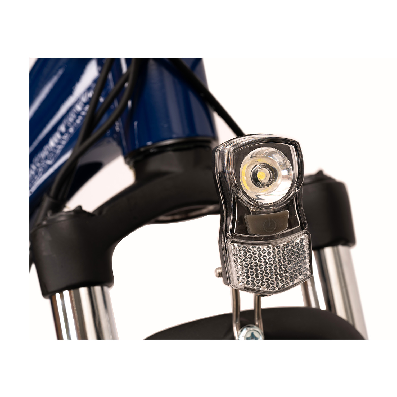 Faro bici, lente trasparente, su bici blu e nera.