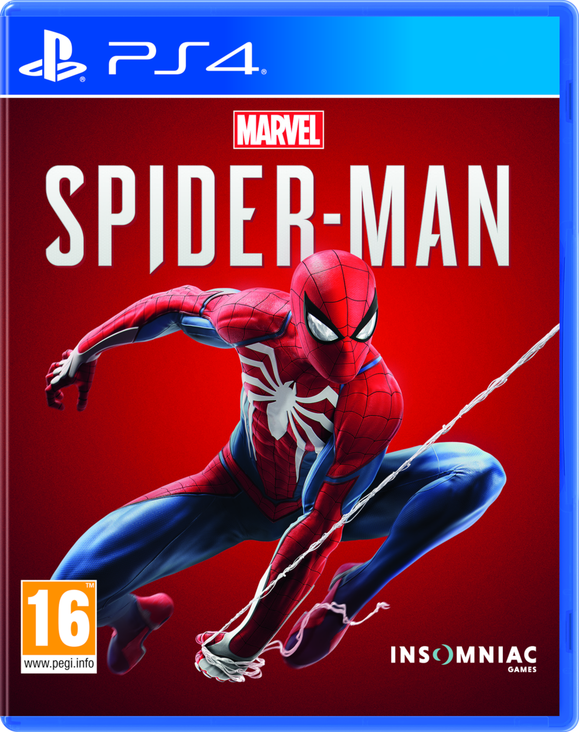 Un boîtier de jeu PS4 de Spider-Man avec un fond rouge et une image de Spider-Man.