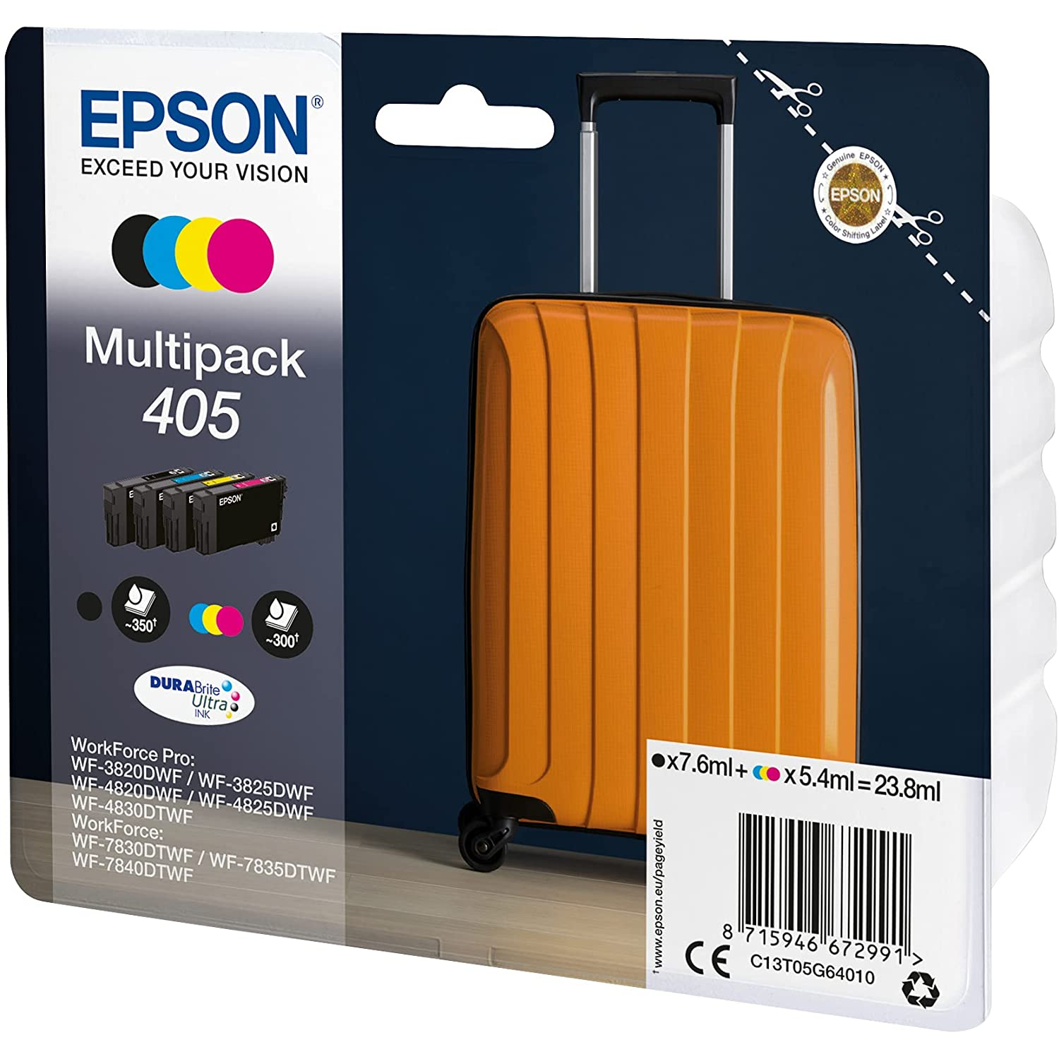 Cartuchos de tinta Epson multipack con imagen de maleta.